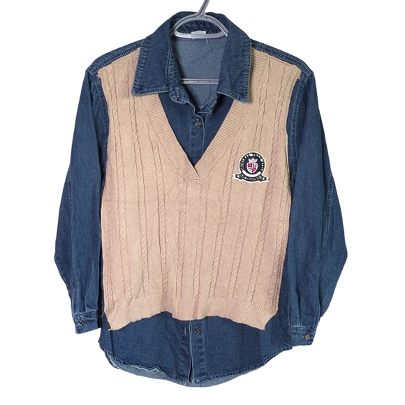 1990 Embroidered Patch Knit Sweater Vest Denim Shirt Combo Size Medium - Picture 1 of 7